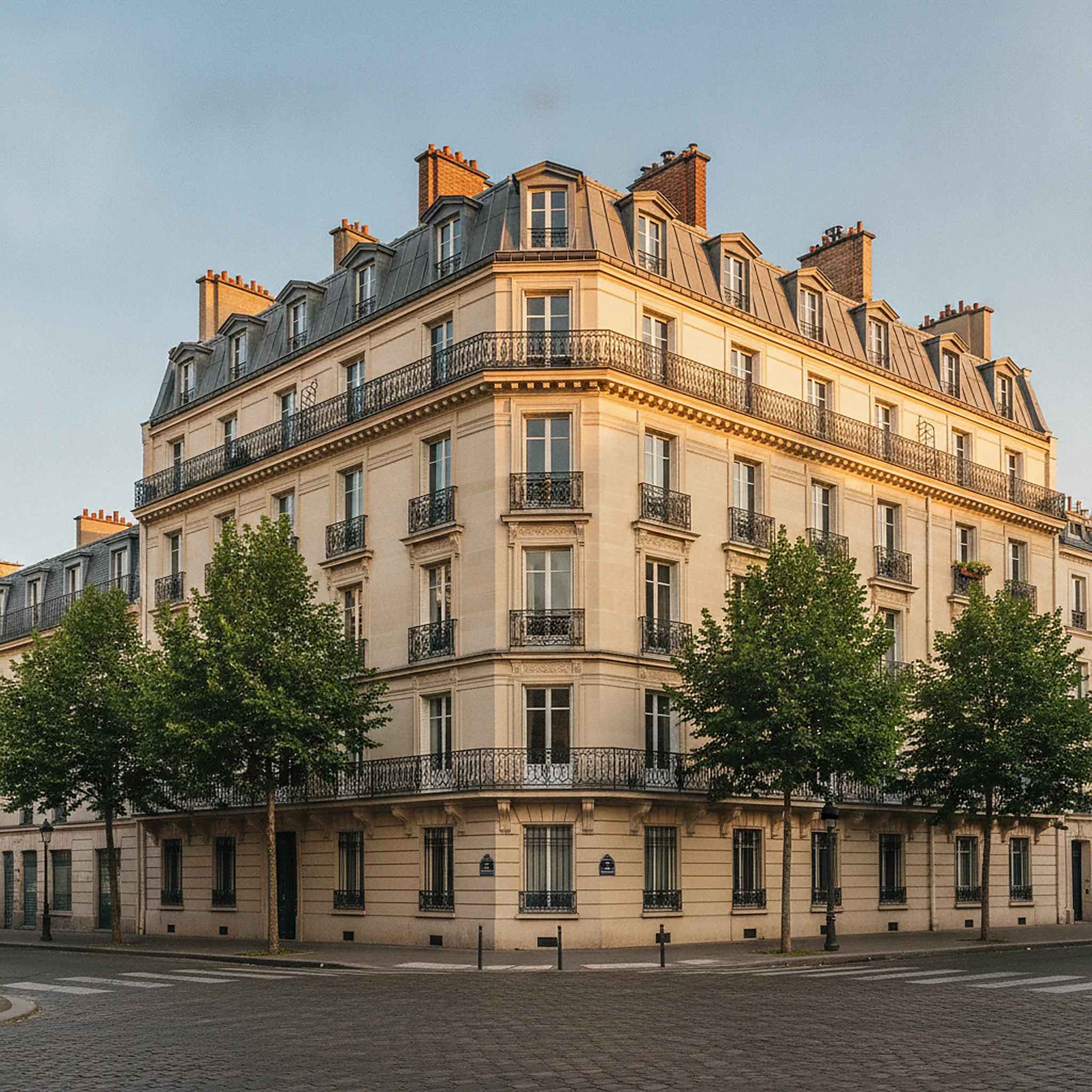 Immeuble haussmannien d’angle vu depuis la rue, dans la lumière dorée du matin