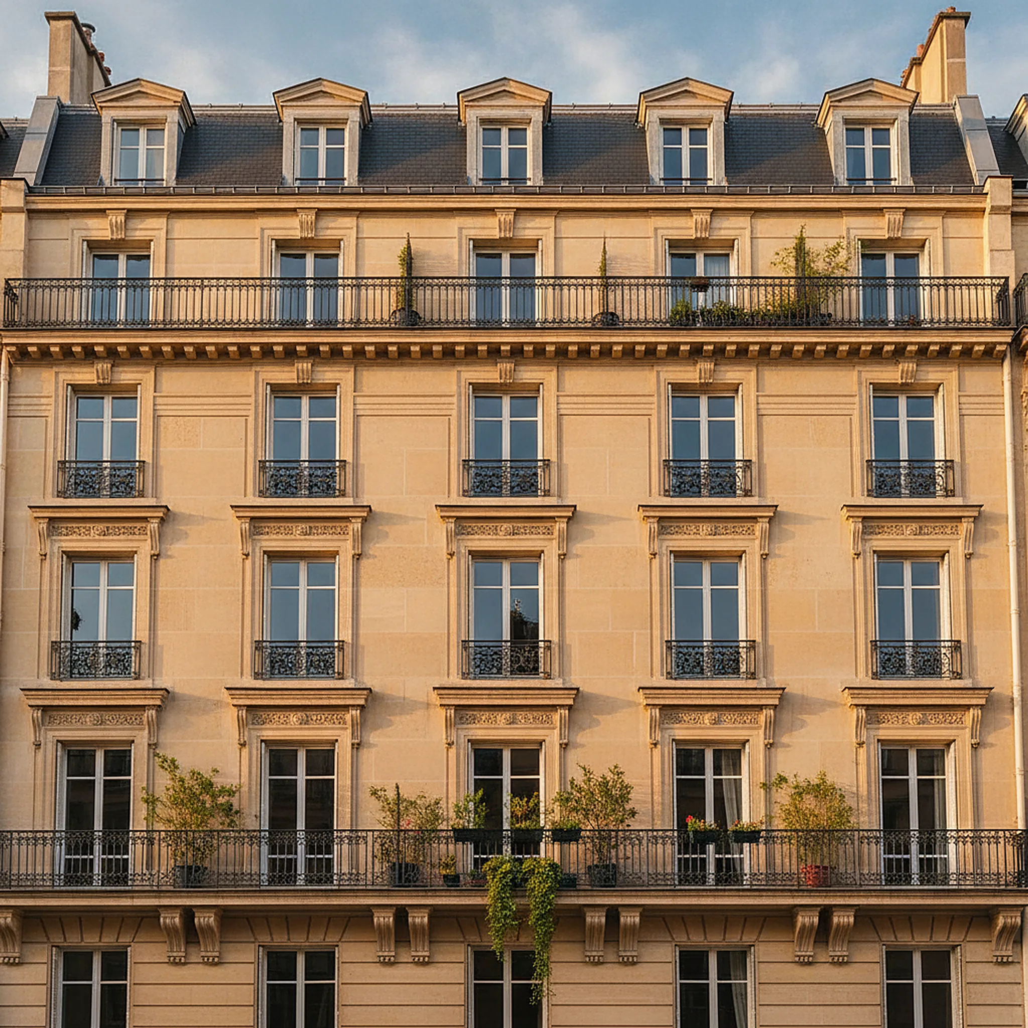 Façade haussmannienne parisienne baignée de lumière dorée