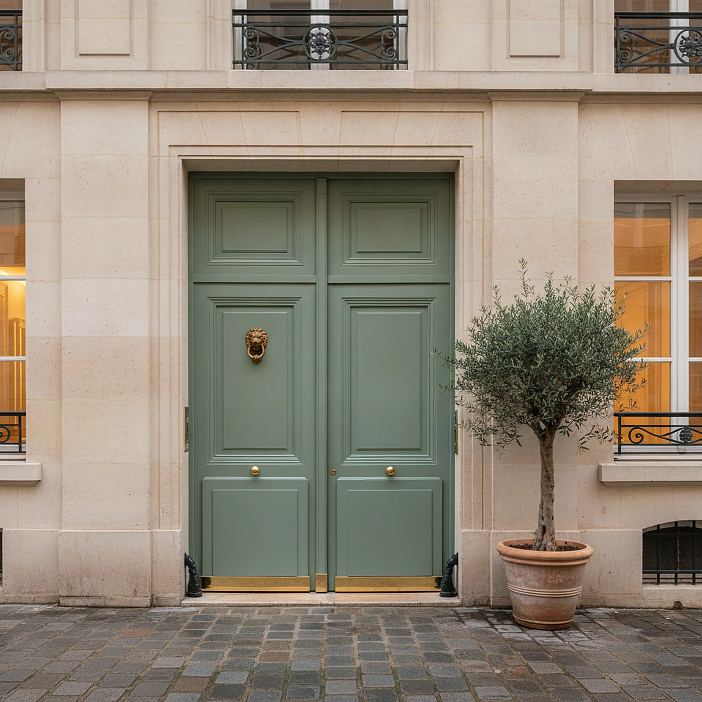 Porte d’entrée vert sauge d’un immeuble parisien en pierre de taille