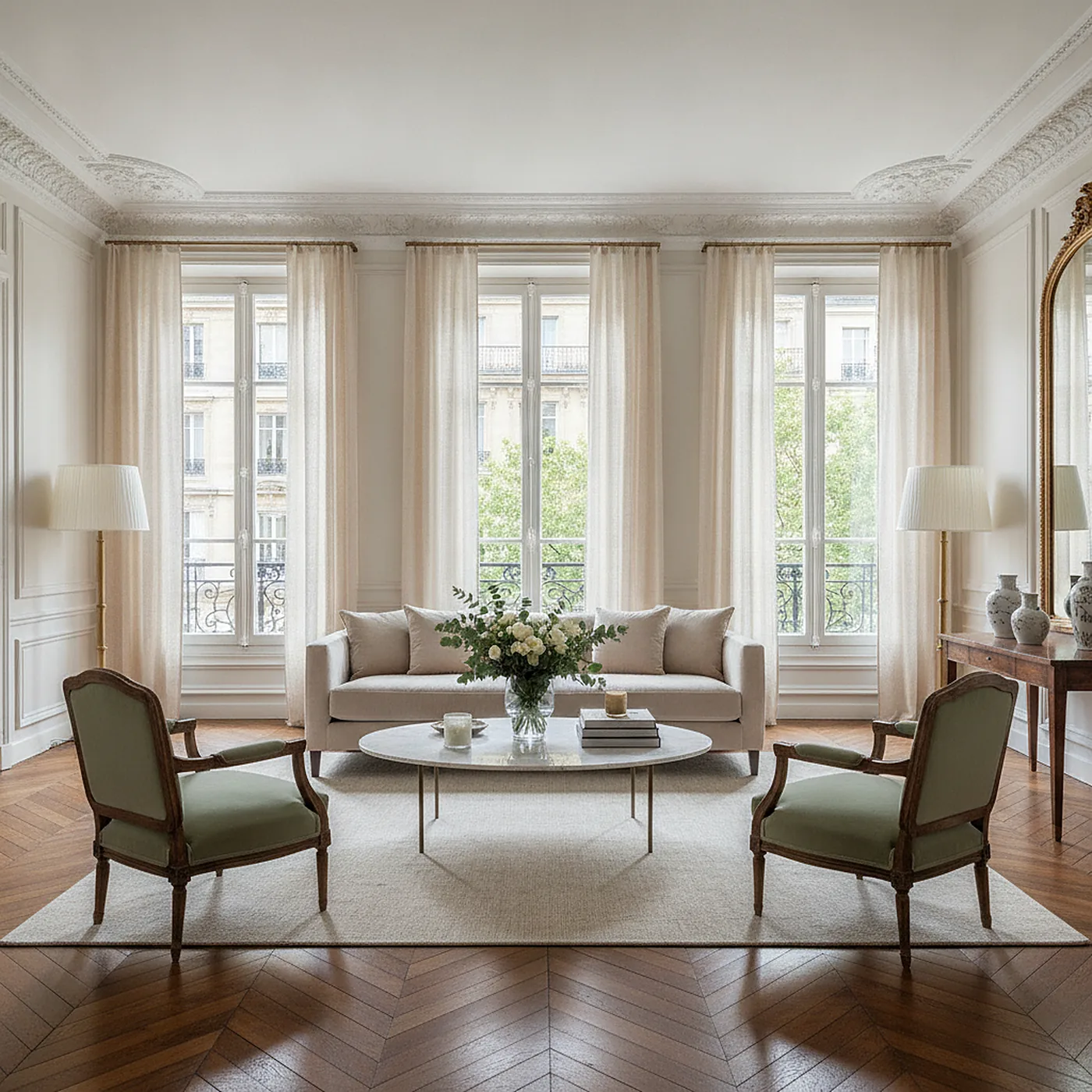 Salon parisien élégant mis en scène pour des photographies immobilières