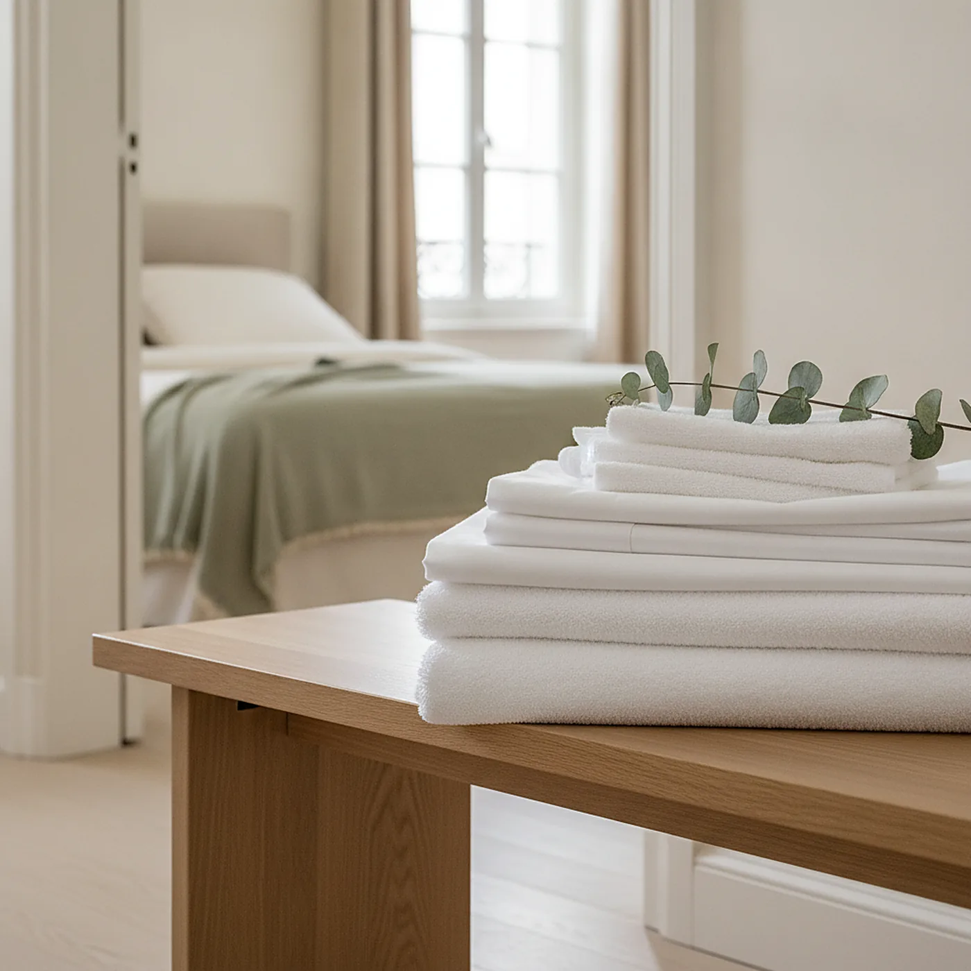 Linge de maison blanc impeccablement plié, qualité hôtelière